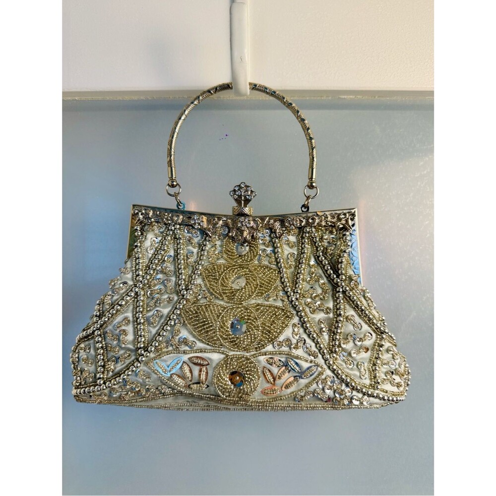 Vintage Silver Beaded Evening Clutch Satin Formal Bag Wedding Prom Purse